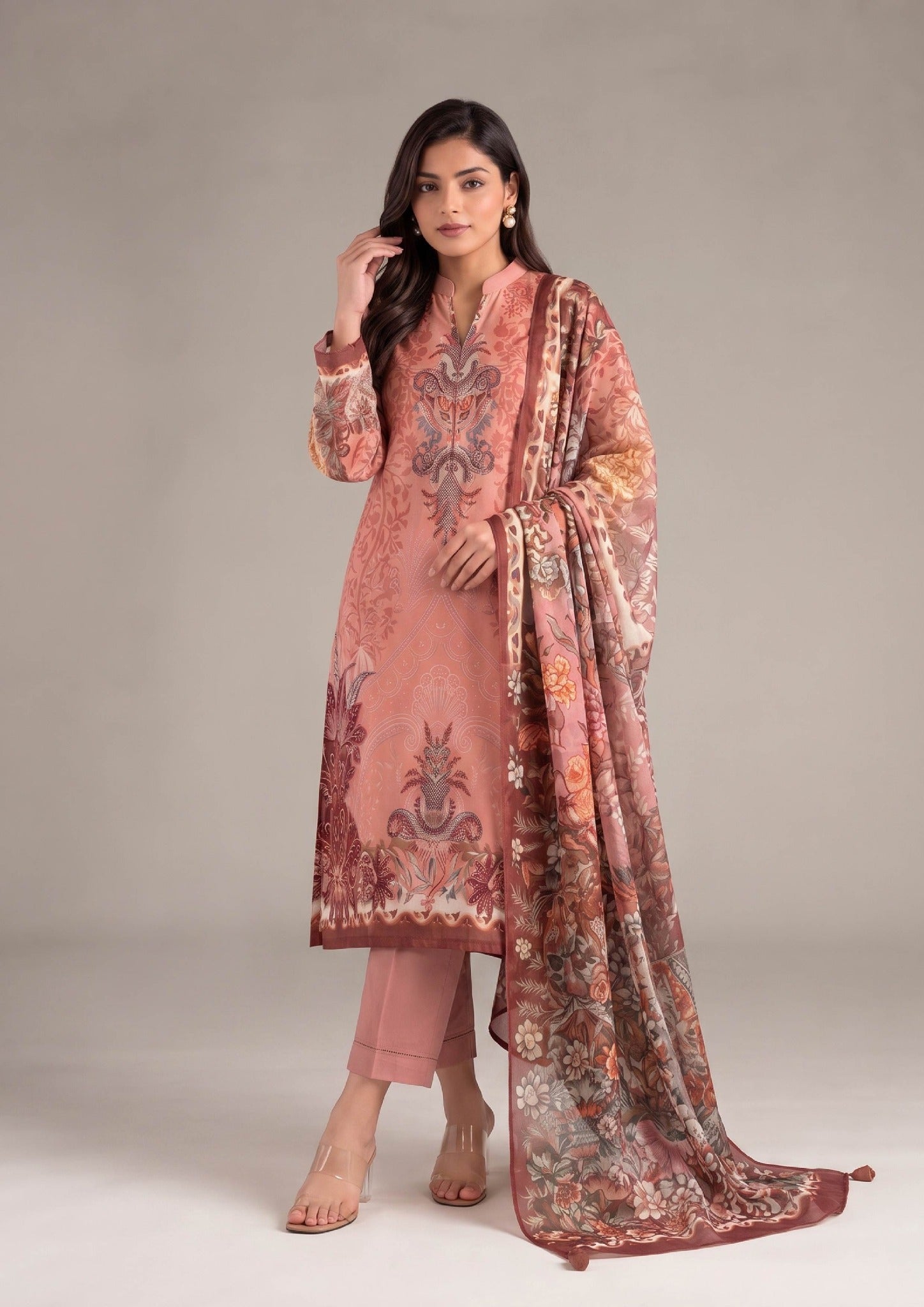 Peach Flora Pakistani Lawn Suit featuring peach shirt, straight trouser, and coordinated printed dupatta