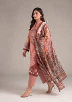 Peach Flora stitched printed lawn suit with floral dupatta and peach straight trouser by Mirasl