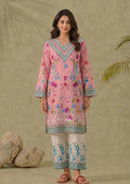 Mirasl Petal Pink 2 piece printed lawn co-ord set in soft pink with colorful floral print and white printed straight trouser.