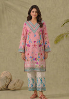 Mirasl Petal Pink 2 piece printed lawn co-ord set in soft pink with colorful floral print and white printed straight trouser.