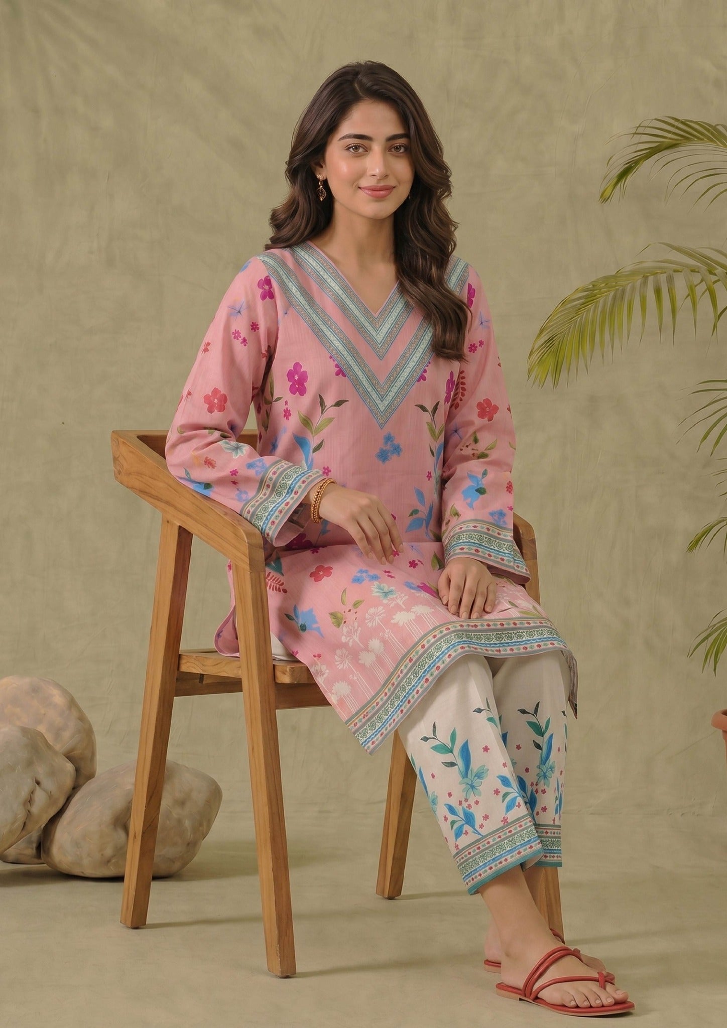 Mirasl Petal Pink side view showing pink floral lawn shirt and white printed straight trouser.