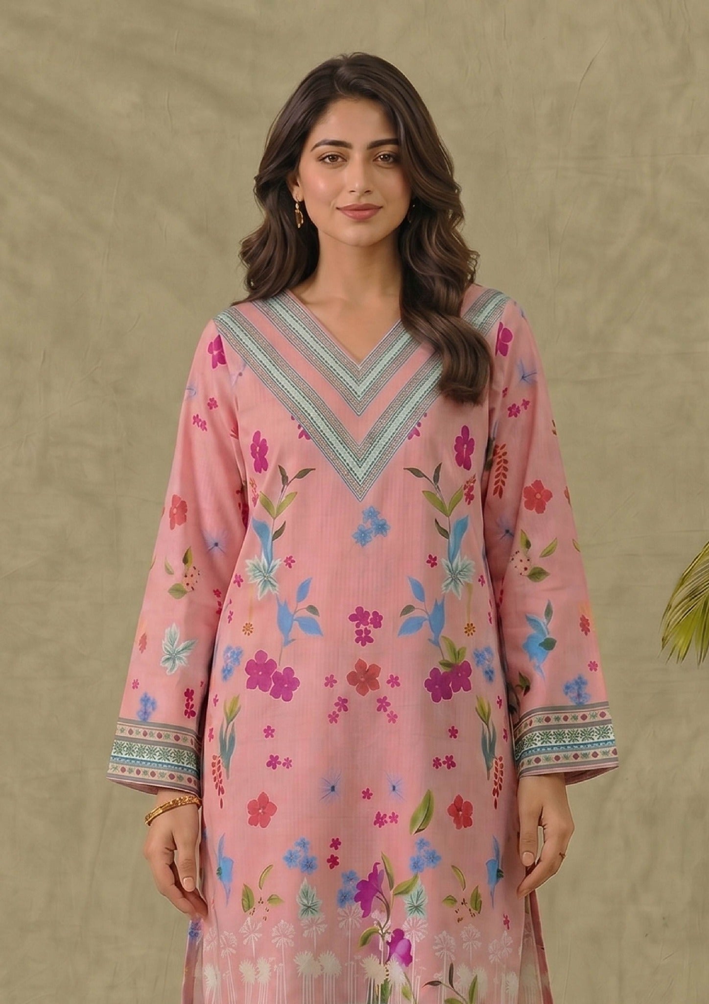 Walking view of Mirasl Petal Pink ready-to-wear printed lawn co-ord set with soft pink floral shirt and printed straight trouser.