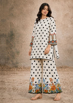 Petal Polka ivory and black 2 piece printed lawn co-ord set by Mirasl with polka dots and floral wide-leg BOTTOM, front view