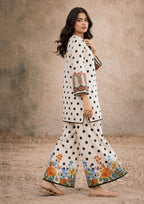 Petal Polka printed lawn SHIRT with black polka dots, ornamental sleeve detailing and coordinated floral BOTTOM by Mirasl