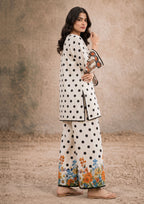 Mirasl Petal Polka ivory polka-dot 2 piece lawn co-ord set with colourful floral lower-leg border