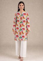 Petal Radiance by Mirasl, an ivory 2 piece printed lawn co-ord set with colorful floral shirt, white trouser, and breathable summer lawn fabric.
