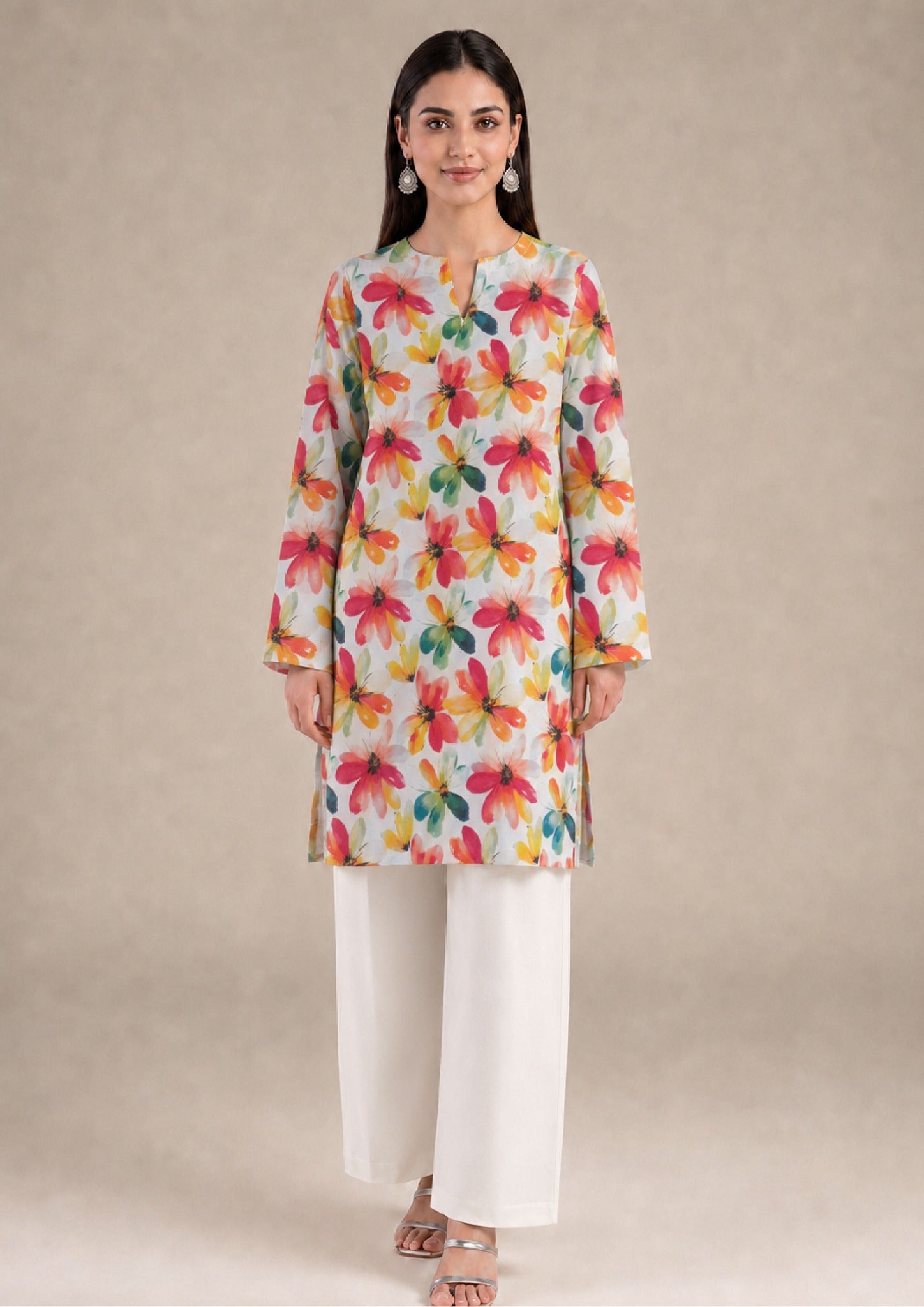 Petal Radiance by Mirasl, an ivory 2 piece printed lawn co-ord set with colorful floral shirt, white trouser, and breathable summer lawn fabric.