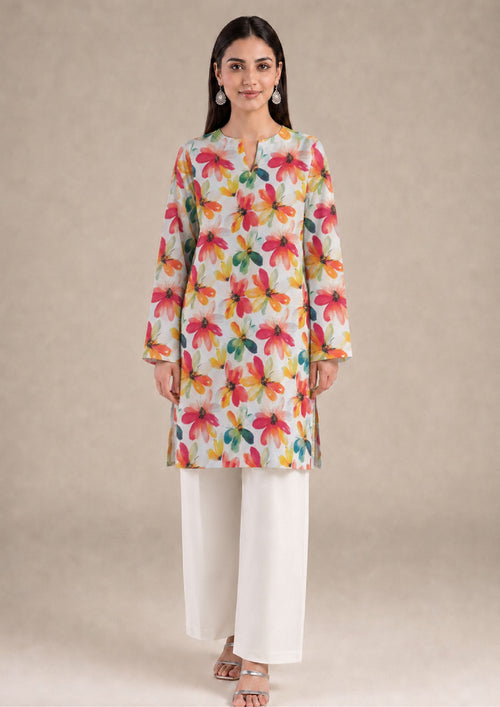 Petal Radiance by Mirasl, an ivory 2 piece printed lawn co-ord set with colorful floral shirt, white trouser, and breathable summer lawn fabric.