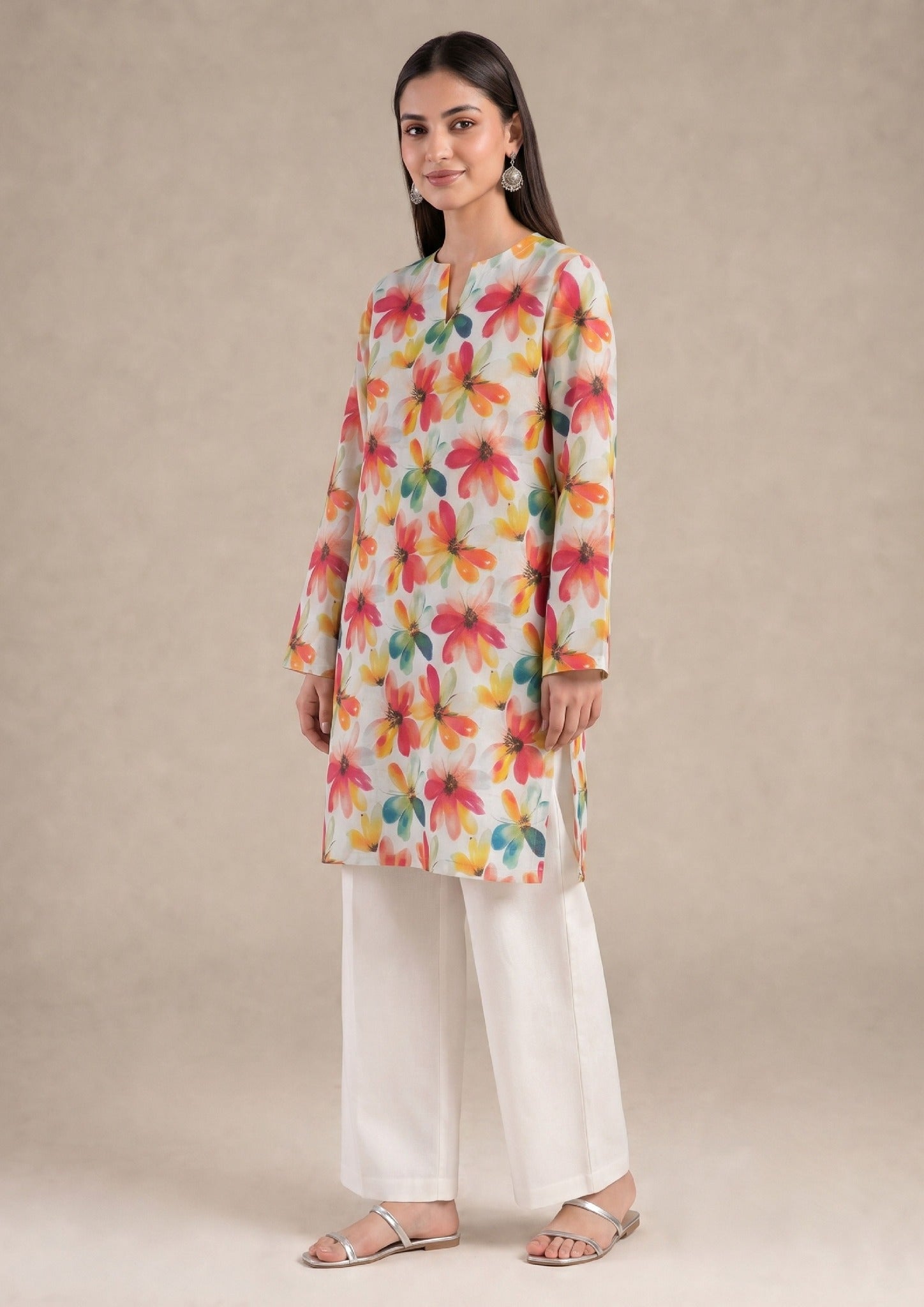 Side view of Petal Radiance printed lawn co-ord set showing the relaxed straight fit, colorful floral print, side slits, and white straight trouser.