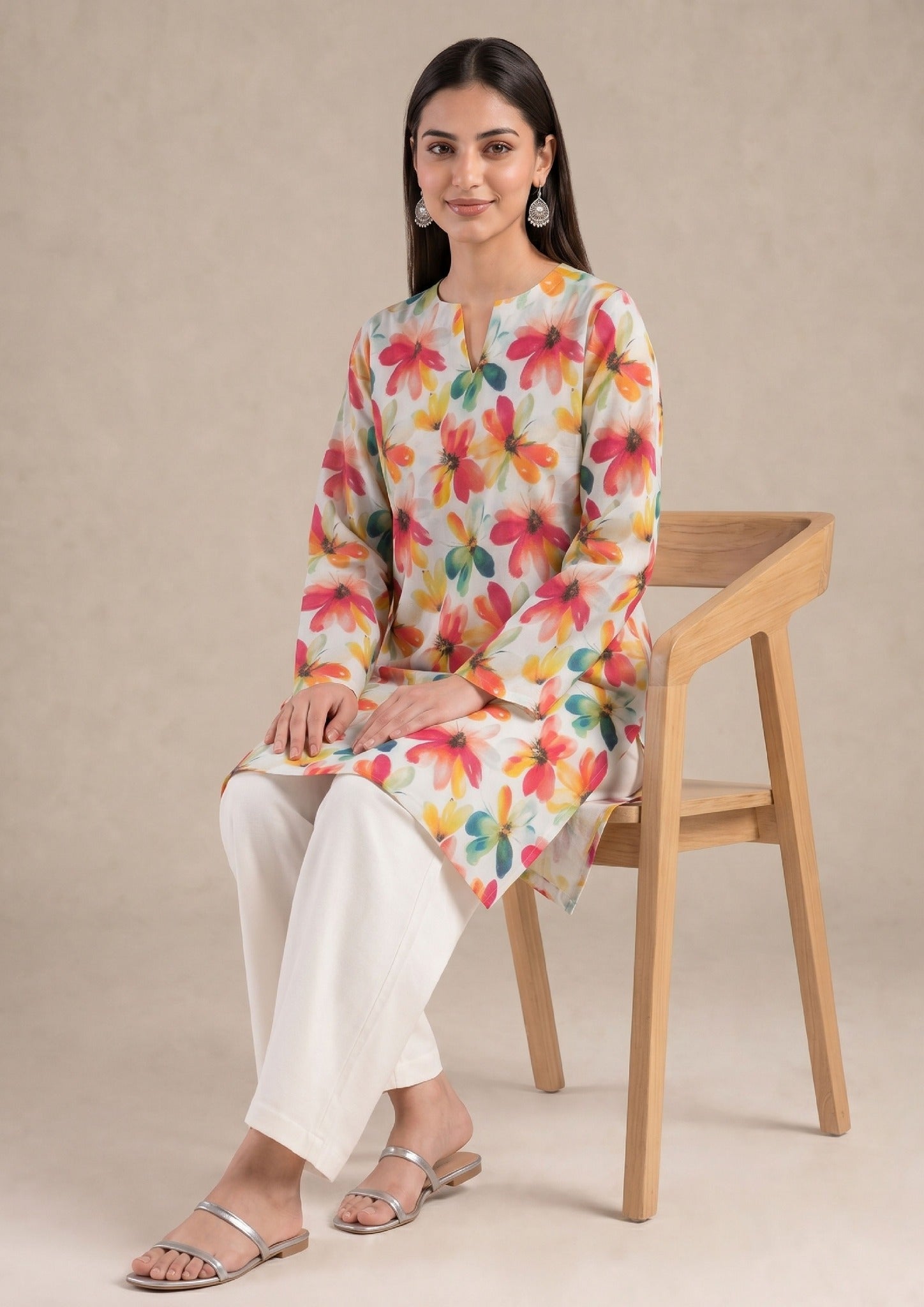 Standing view of Petal Radiance by Mirasl featuring an ivory printed lawn shirt with coral, orange, yellow, teal, and green floral details.