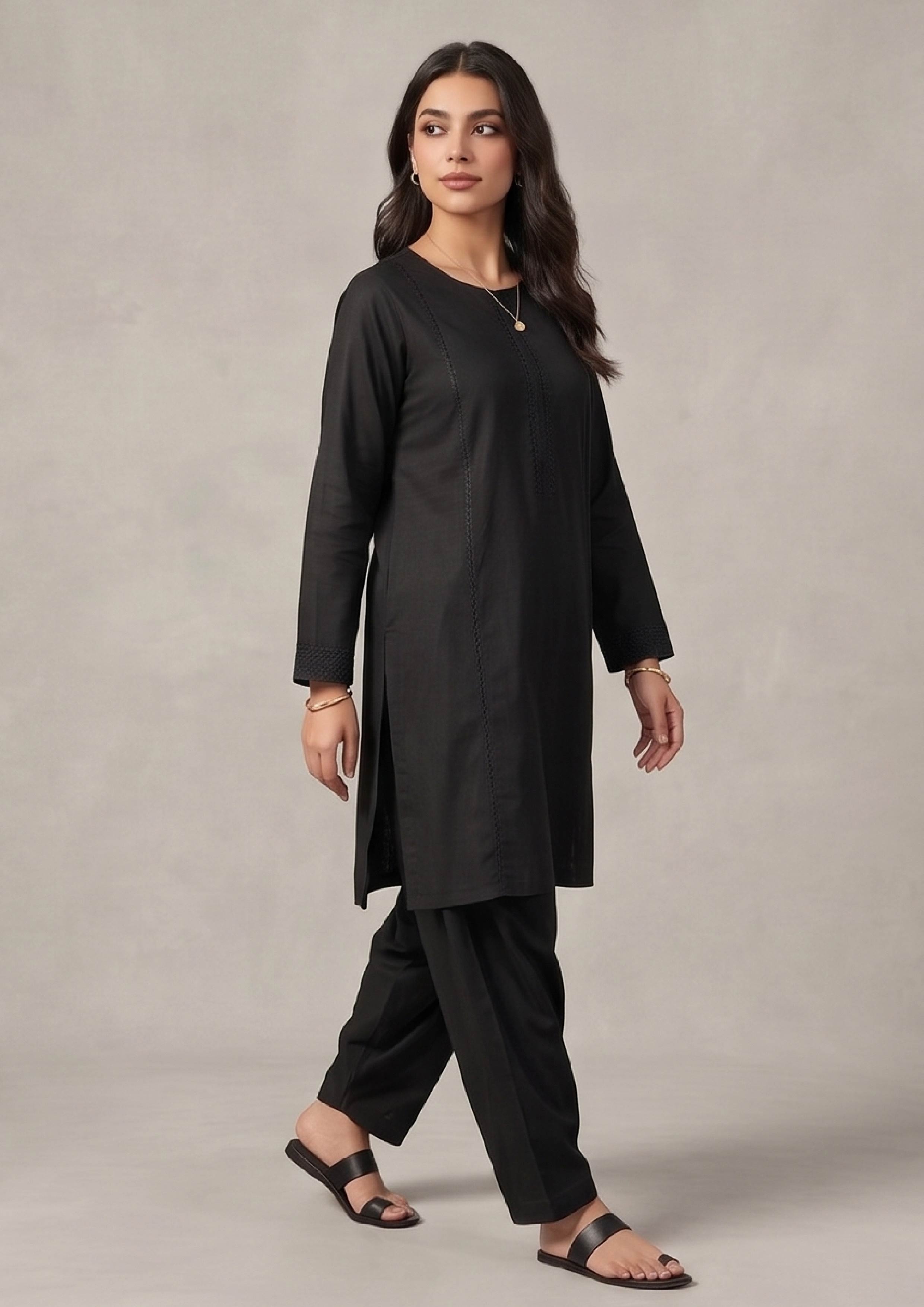 Plain black shalwar for women by Mirasl in ready to wear traditional relaxed silhouette
