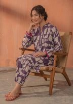 Front view of Plum Mosaic 2 piece printed lawn co-ord set by Mirasl featuring a knee-level straight shirt, front slit neckline, full sleeves, and matching trouser.