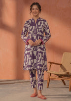 Plum Mosaic by Mirasl, a plum purple 2 piece printed lawn co-ord set with beige abstract mosaic print, straight trouser, and breathable summer lawn fabric.