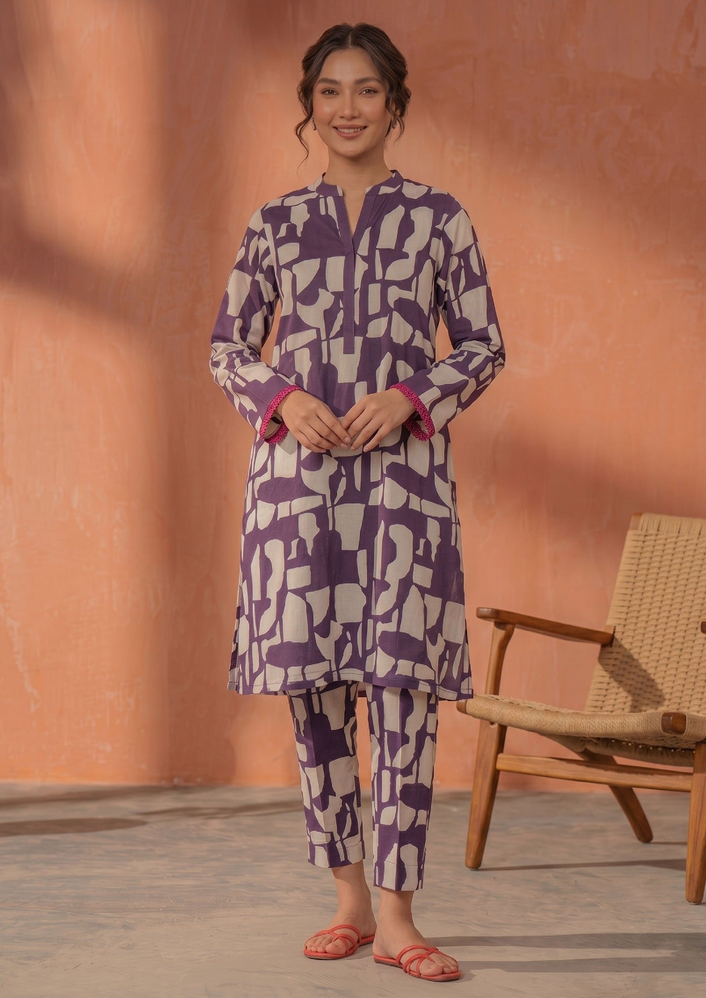 Plum Mosaic by Mirasl, a plum purple 2 piece printed lawn co-ord set with beige abstract mosaic print, straight trouser, and breathable summer lawn fabric.