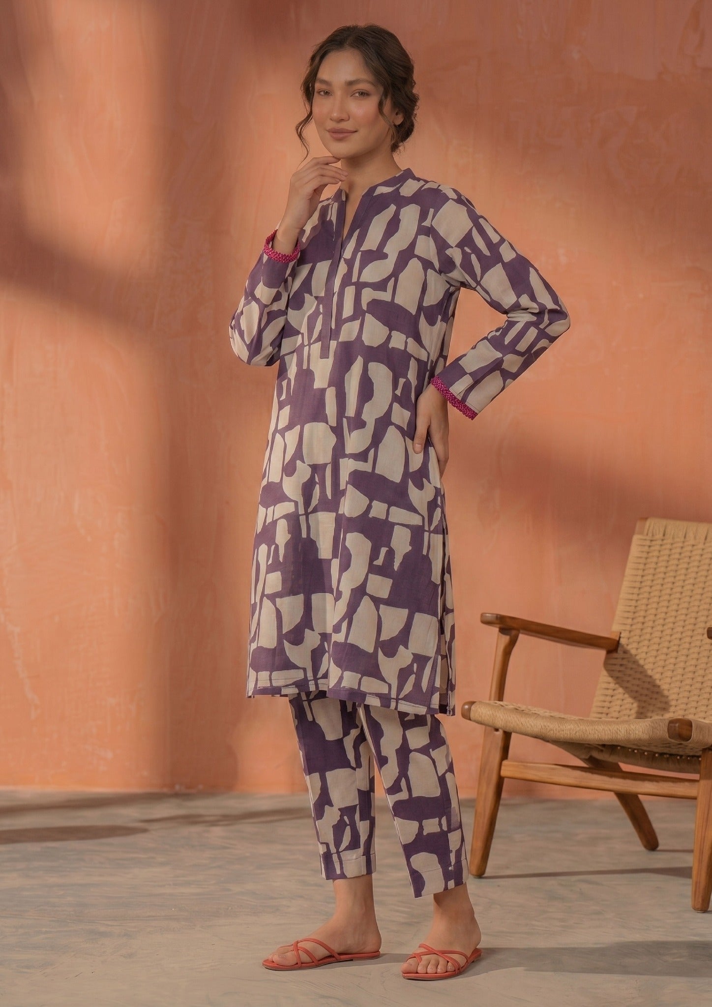Side view of Plum Mosaic printed lawn co-ord set showing the relaxed straight fit, side slits, plum abstract print, and coordinated straight trouser.