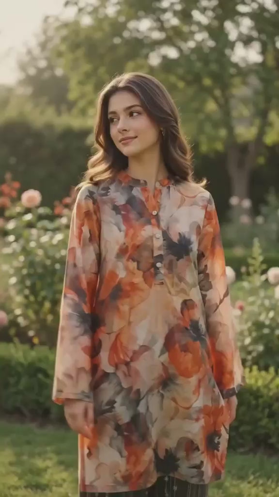 Sienna Sunset orange floral printed lawn 2 piece co-ord set by Mirasl, featuring a soft floral shirt with grey and orange tones in an elegant outdoor fashion video.