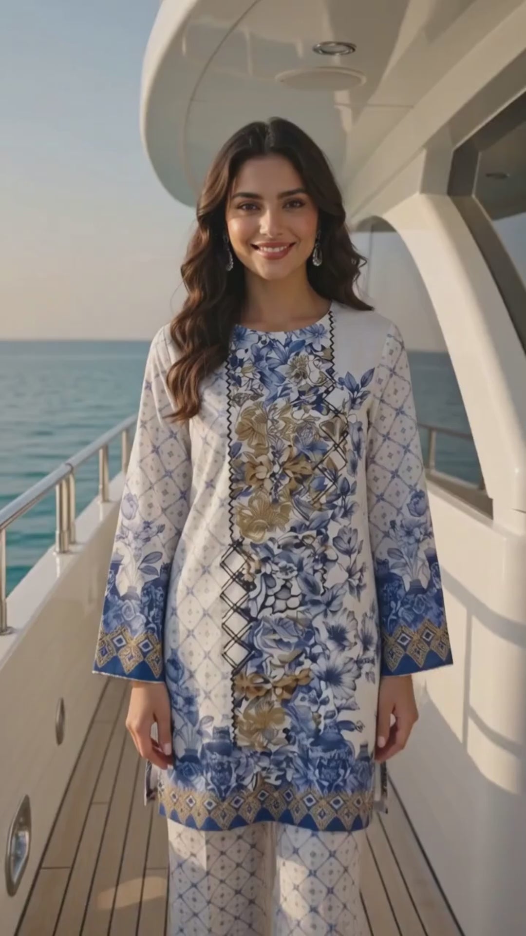 Ornate Ocean blue and white printed lawn 2 piece co-ord set by Mirasl, featuring a floral printed shirt and matching trouser in a premium yacht-style fashion video.