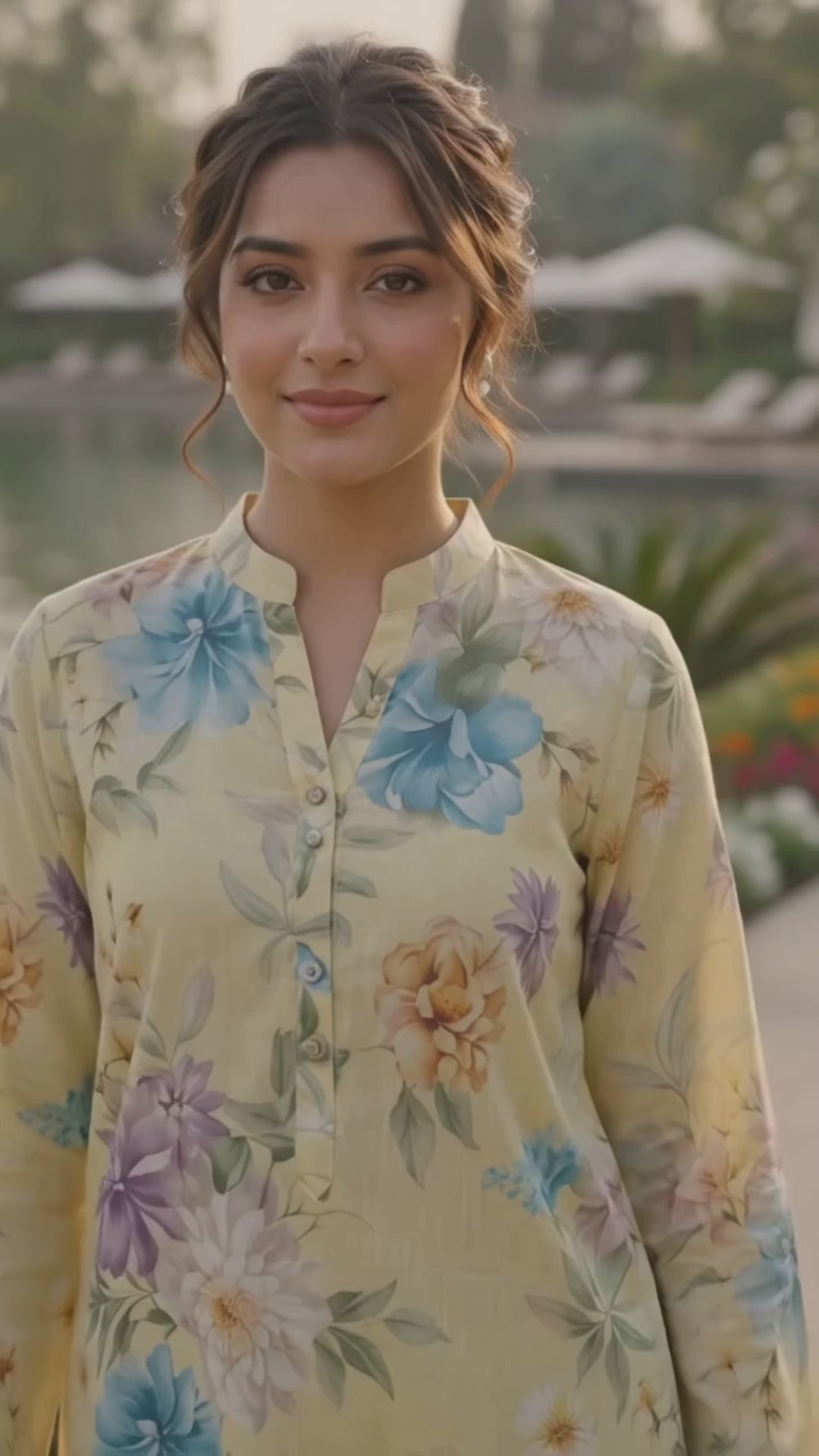 Yellow floral printed lawn 2 piece co-ord set by Mirasl, featuring a soft yellow shirt with blue floral print and elegant ready-to-wear styling.