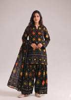 Front view of Radiant Chunri Noir black chunri print 3 piece stitched lawn suit with Patiala shalwar and matching printed dupatta