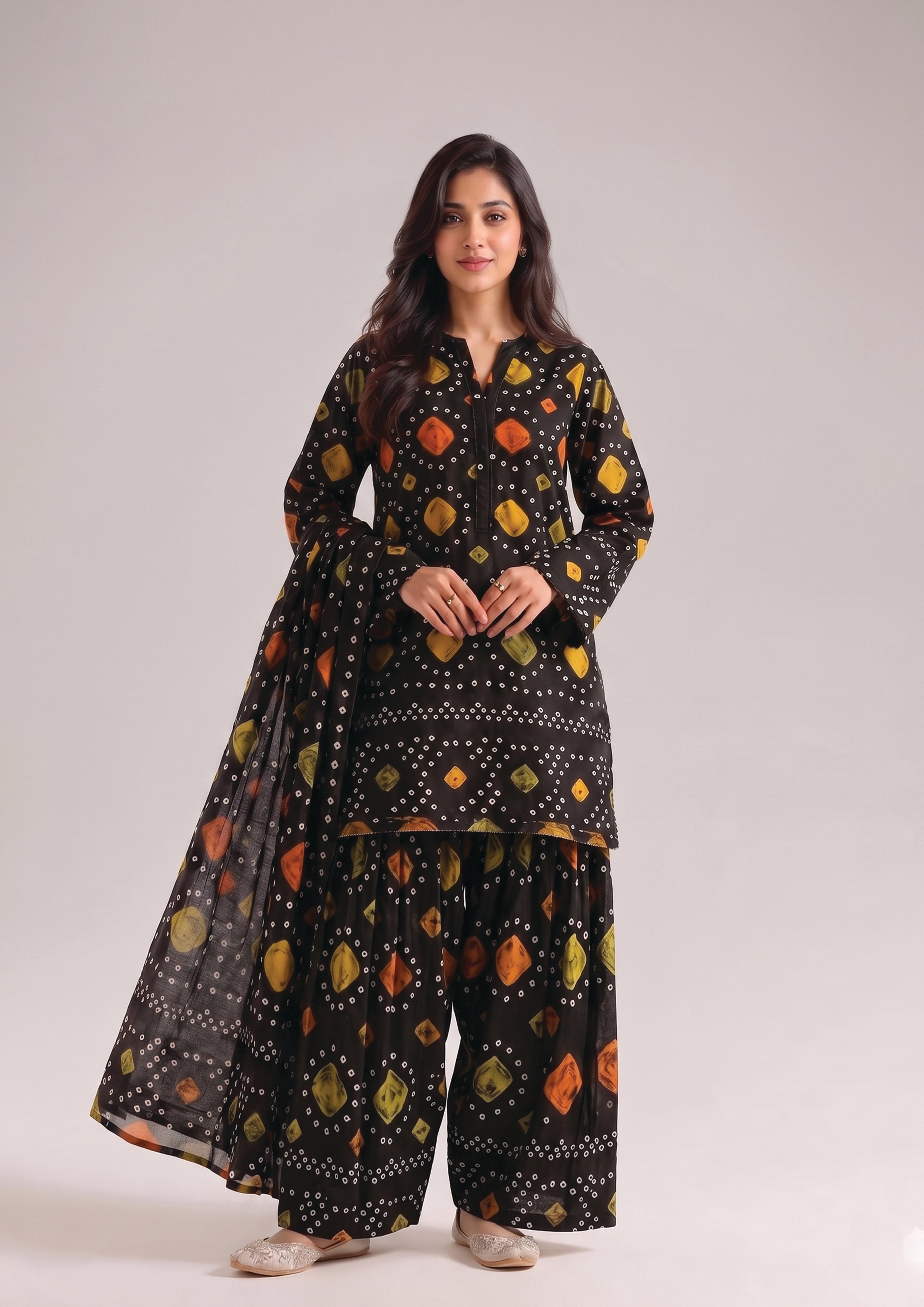 Front view of Radiant Chunri Noir black chunri print 3 piece stitched lawn suit with Patiala shalwar and matching printed dupatta