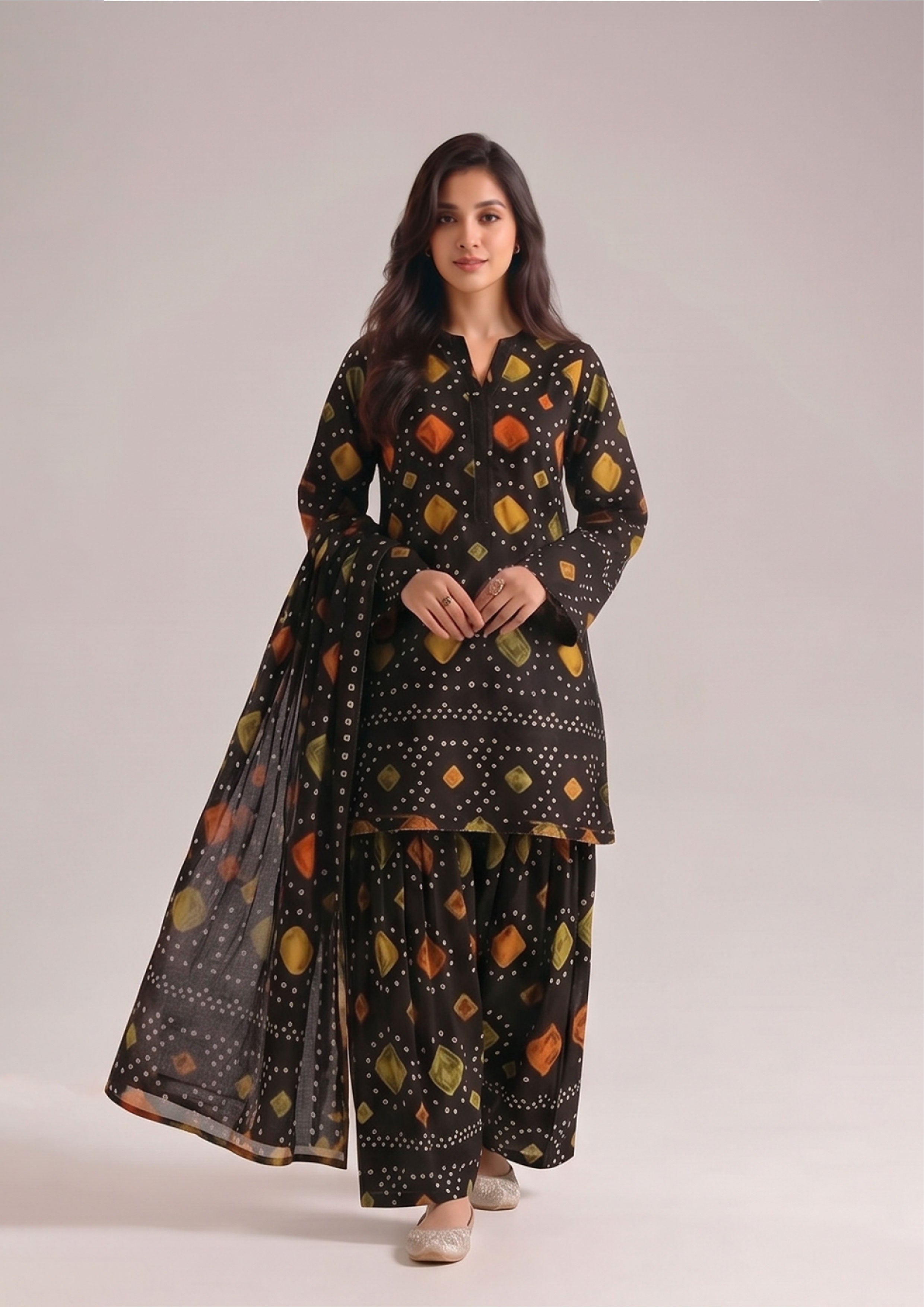 Front look of Radiant Chunri Noir chunri print lawn suit showing orange, mustard and olive diamond motifs on black lawn