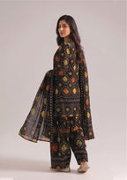 Full look of Radiant Chunri Noir women stitched lawn suit with colorful chunri motifs, Patiala shalwar and printed dupatta