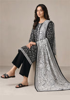 Ready to wear black 3 piece lawn suit by Mirasl with ivory marble dupatta, printed lawn shirt and modest Pakistani styling