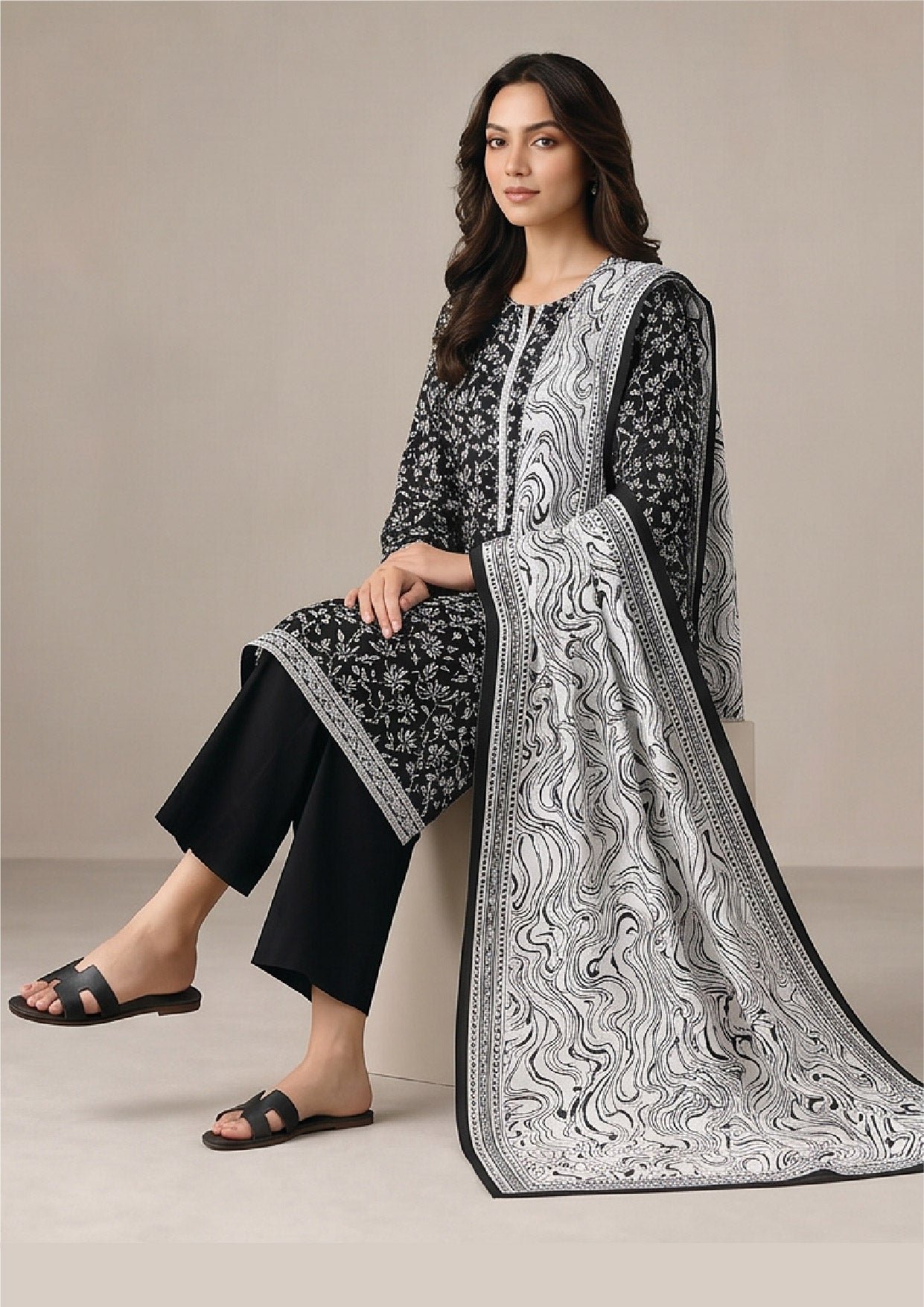 Ready to wear black 3 piece lawn suit by Mirasl with ivory marble dupatta, printed lawn shirt and modest Pakistani styling