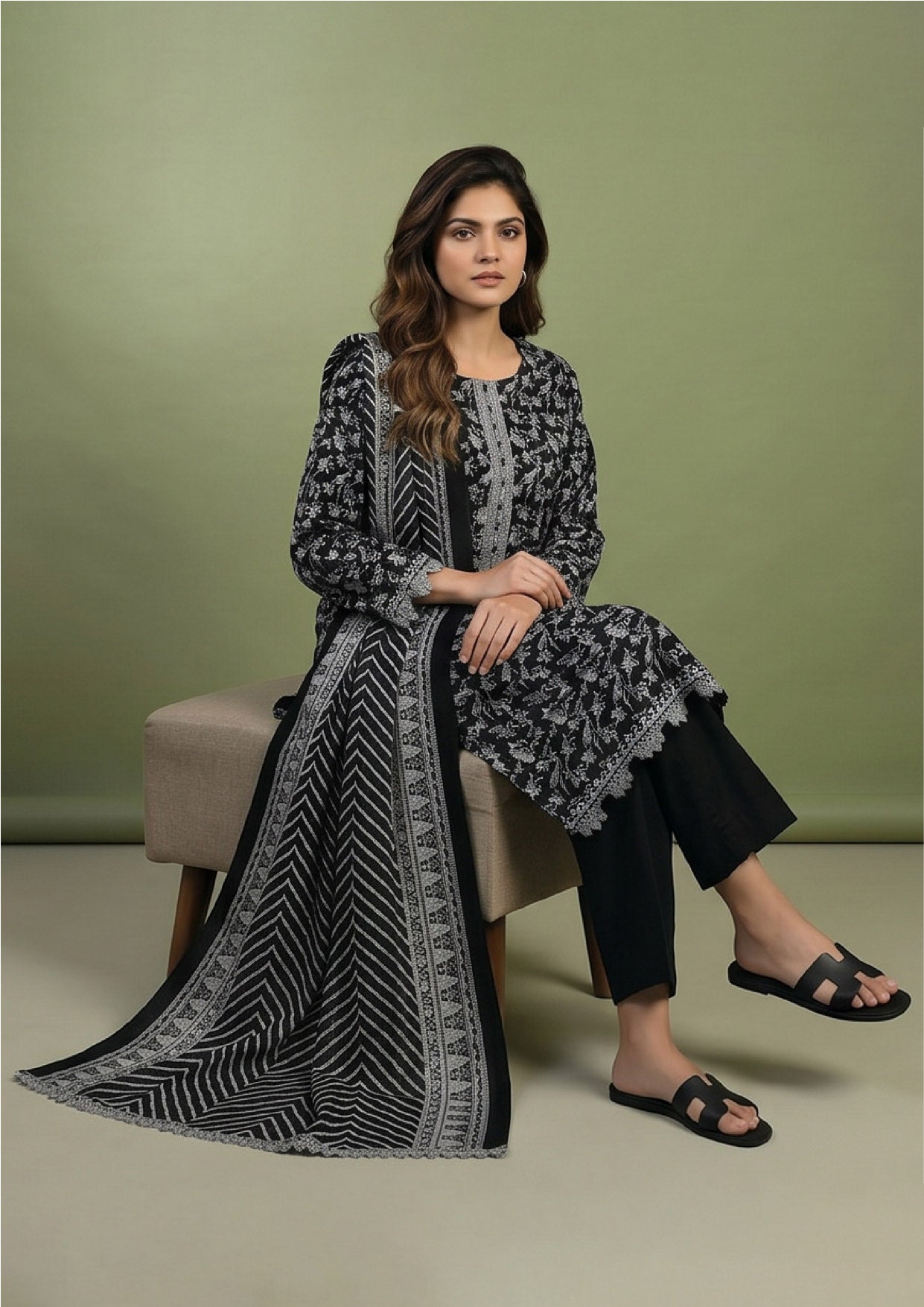 Ready to wear black 3 piece suit by Mirasl with ivory floral print, wide-leg trouser and monochrome chevron dupatta