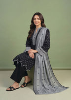 Ready to wear black 3 piece suit by Mirasl with grey dupatta, printed lawn shirt and modest Pakistani styling