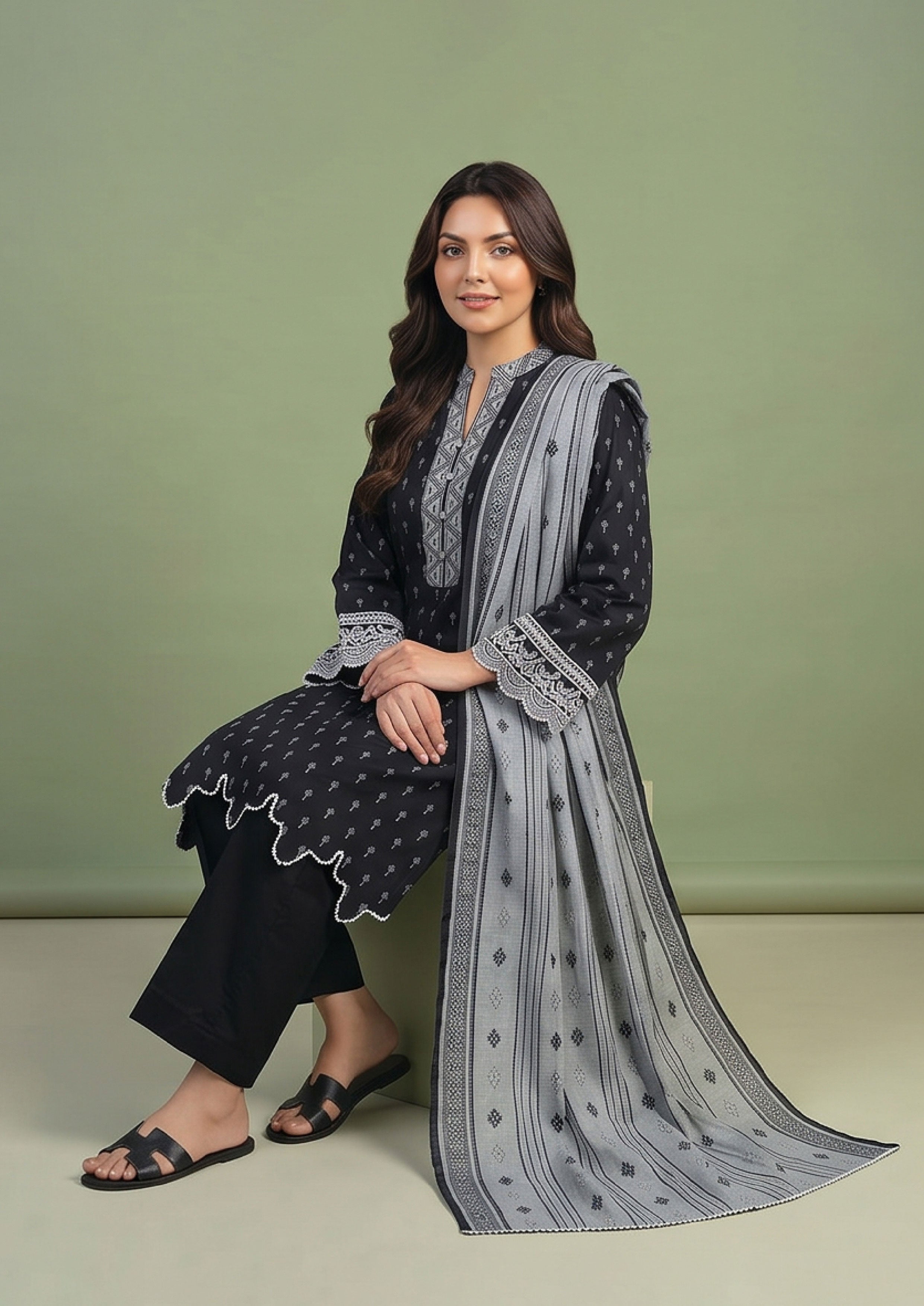 Ready to wear black 3 piece suit by Mirasl with grey dupatta, printed lawn shirt and modest Pakistani styling