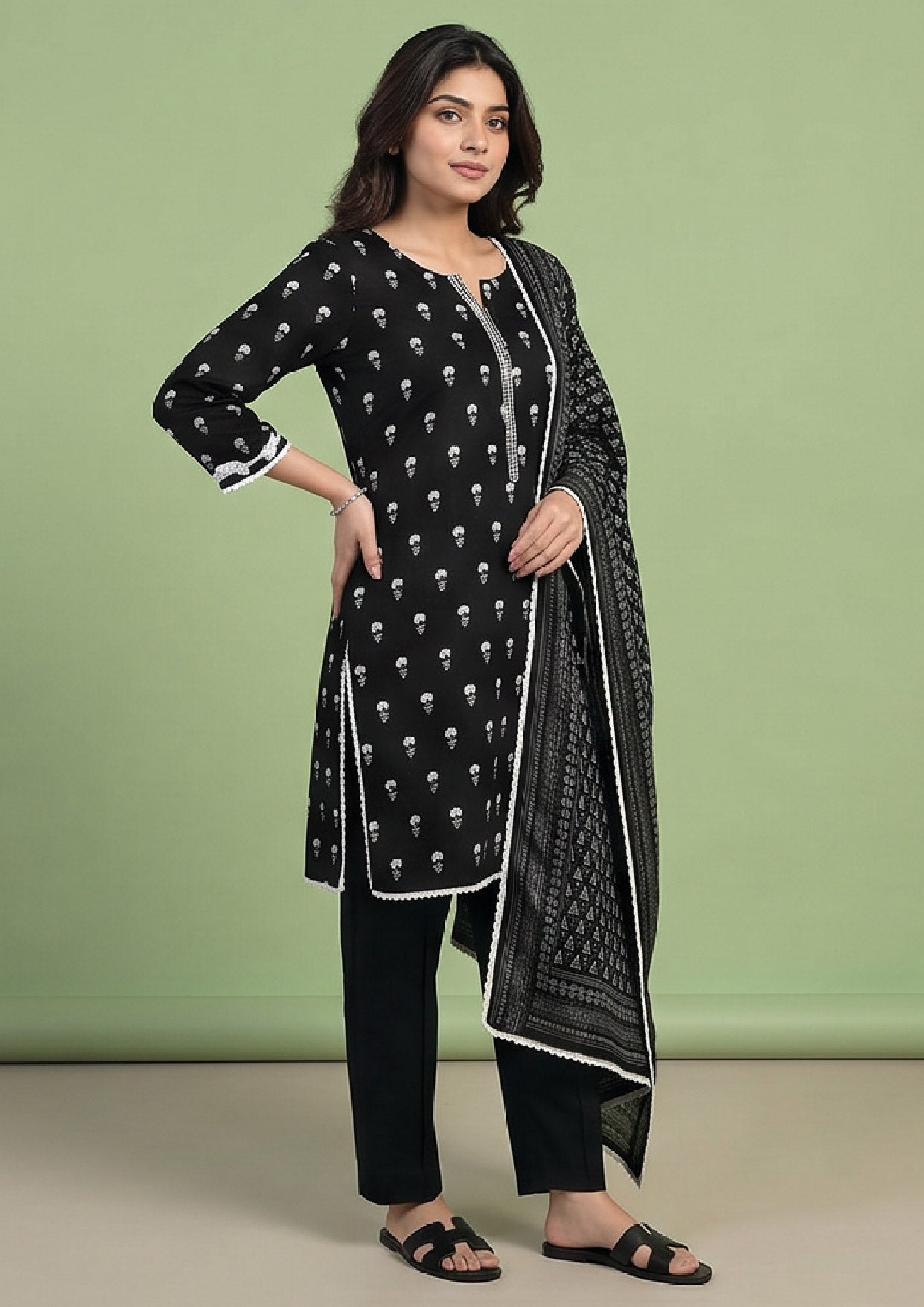 Ready to wear black 3 piece suit by Mirasl with printed lawn shirt, straight trouser and detailed printed dupatta