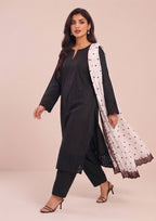 Ready to wear black chikankari suit by Mirasl with straight trouser and contrast embroidered dupatta