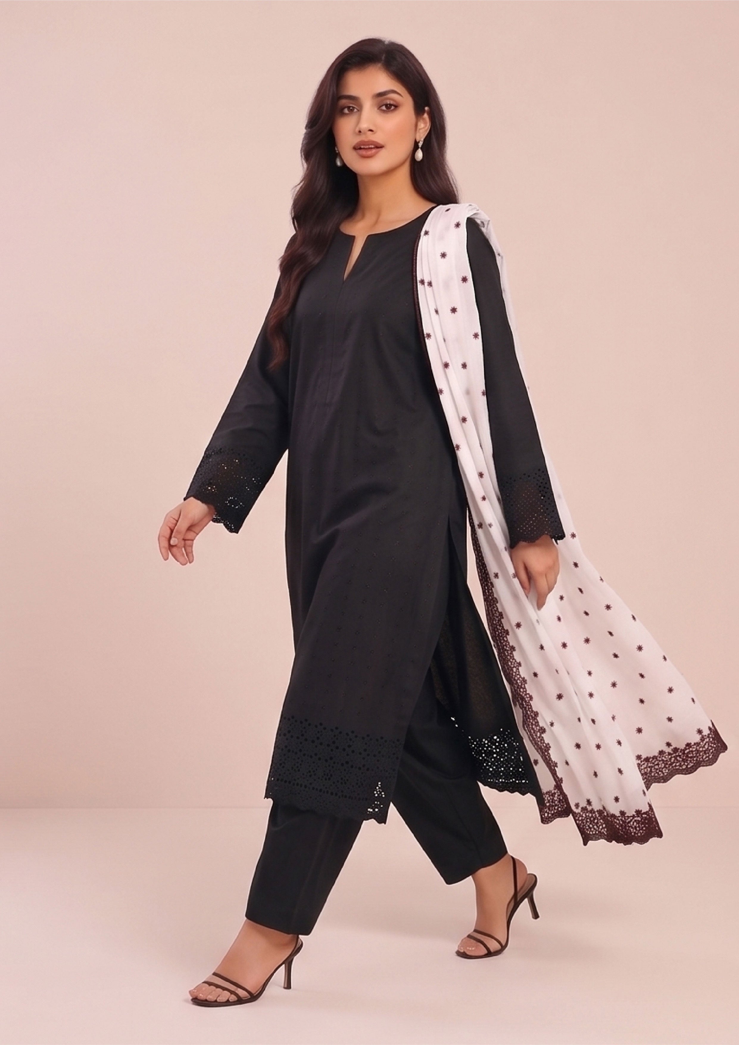 Ready to wear black chikankari suit by Mirasl with straight trouser and contrast embroidered dupatta