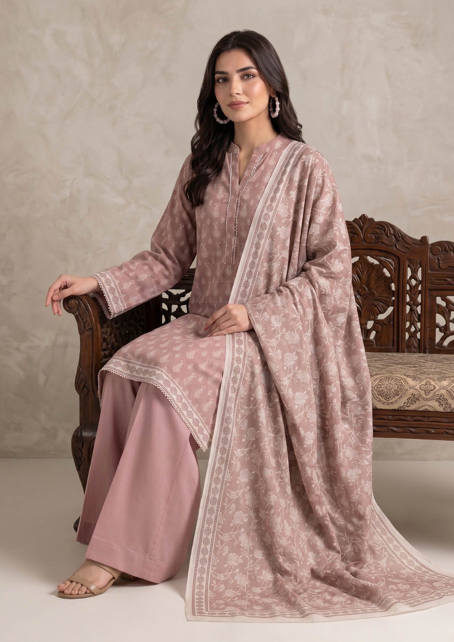 Rose Shimmer Women's Ready to Wear Lawn Suit with floral printed dupatta – Sitting View