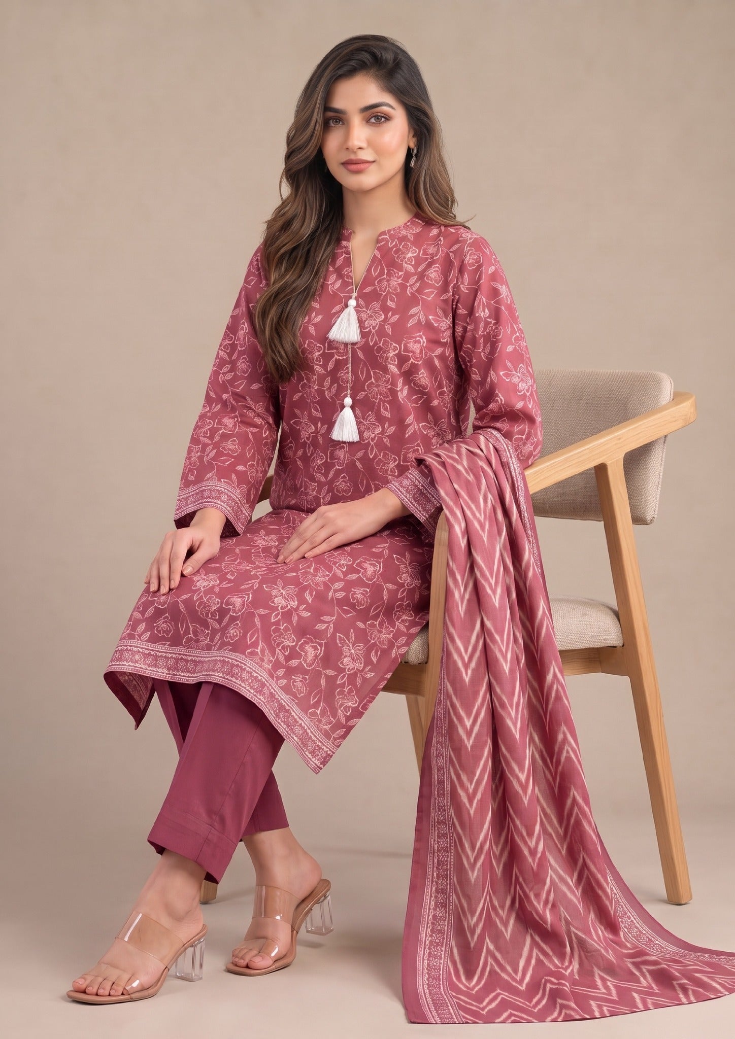 Rosewood Serenity Pakistani Lawn Suit featuring rosewood pink shirt, matching trouser, and chevron printed dupatta
