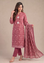 Front view of Rosewood Serenity stitched printed lawn suit with chevron printed dupatta by Mirasl