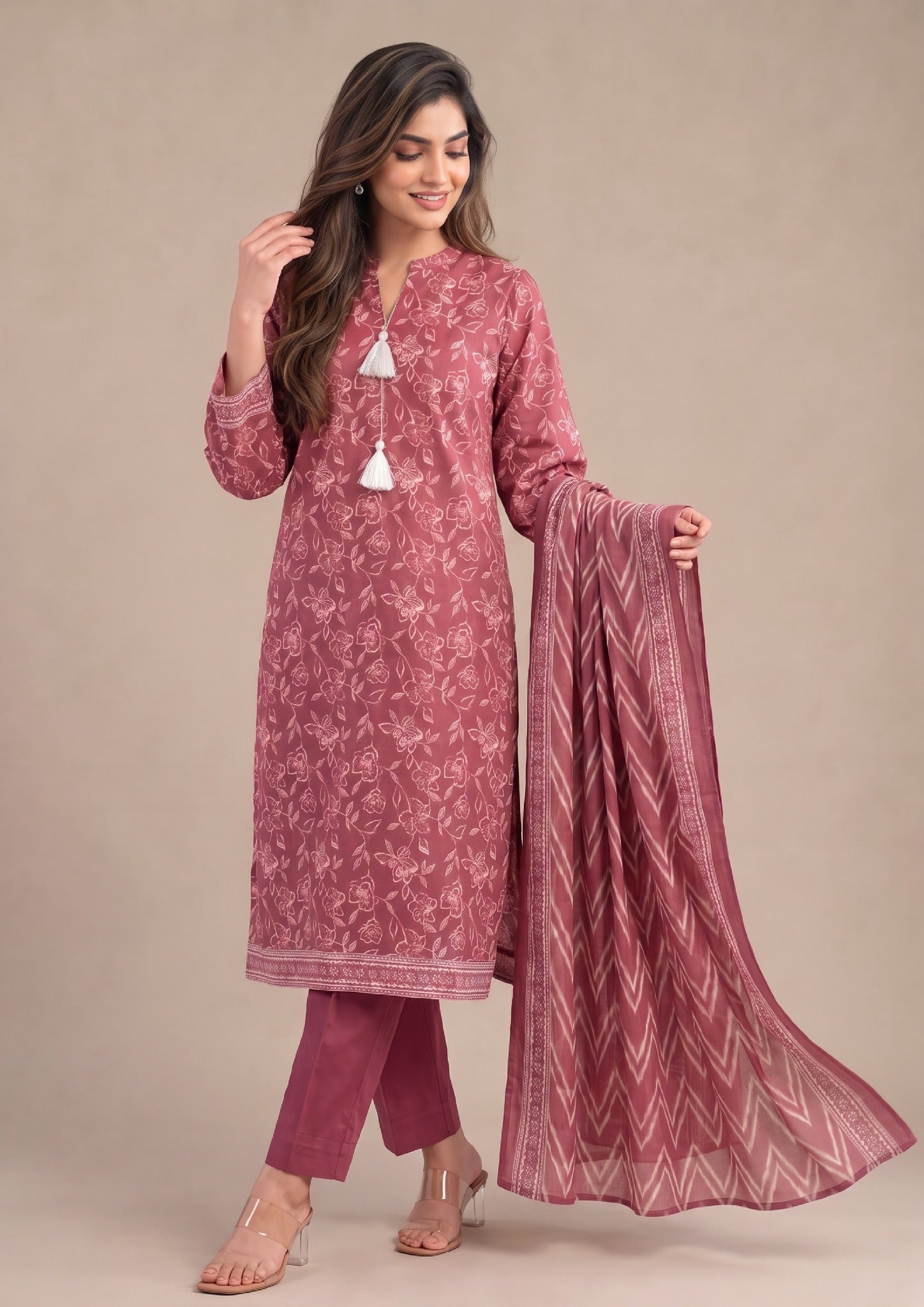 Front view of Rosewood Serenity stitched printed lawn suit with chevron printed dupatta by Mirasl