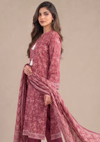 Seated view of Rosewood Serenity women's lawn suit from the fasl-e-rang collection by Mirasl