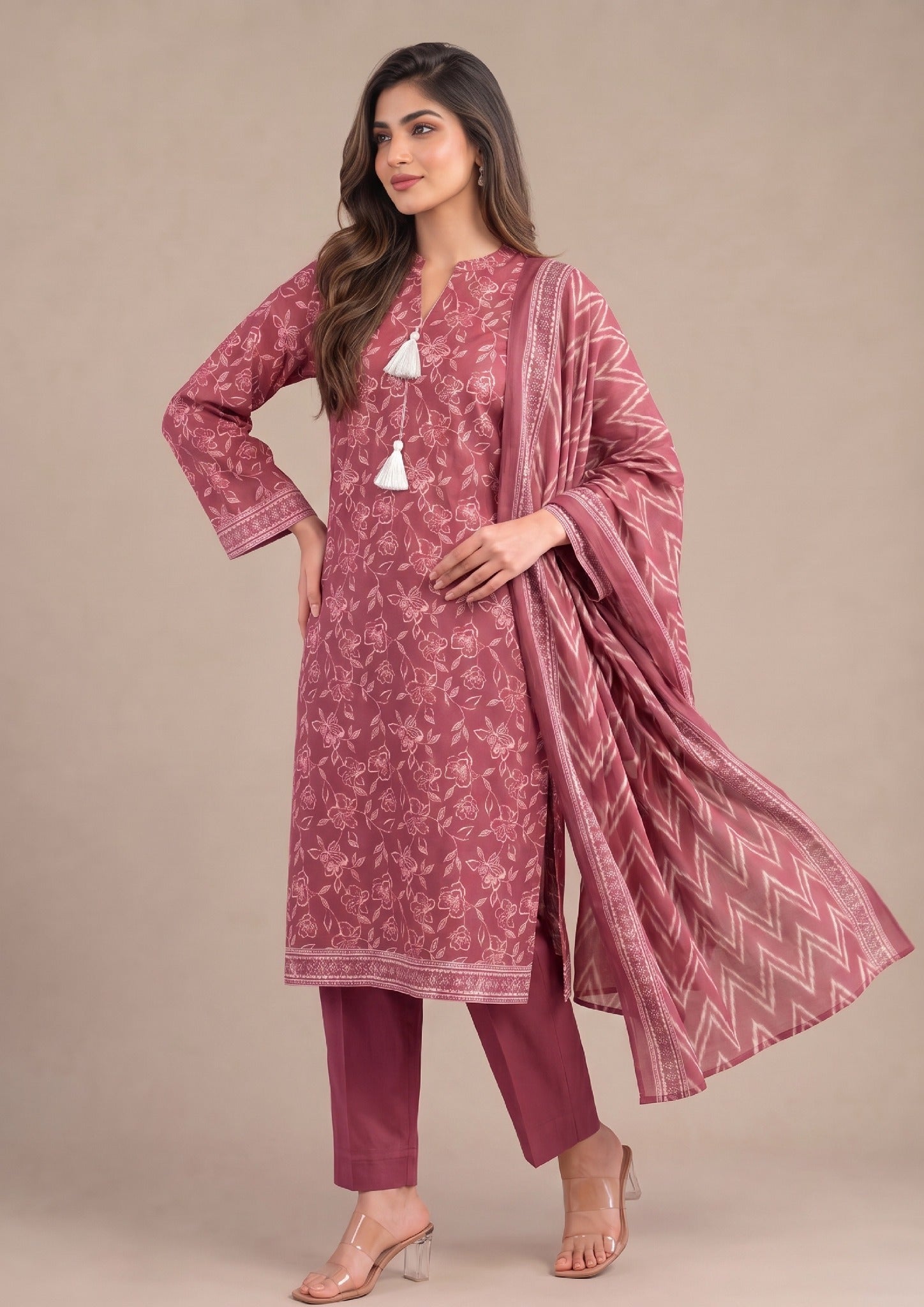 Rosewood Serenity product view with matching printed lawn suit and chevron dupatta by Mirasl