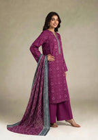 Royal Orchid 3 Piece Stitched Lawn Suit by Mirasl from the fasl-e-rang collection featuring an orchid purple printed shirt, straight trousers and printed dupatta.