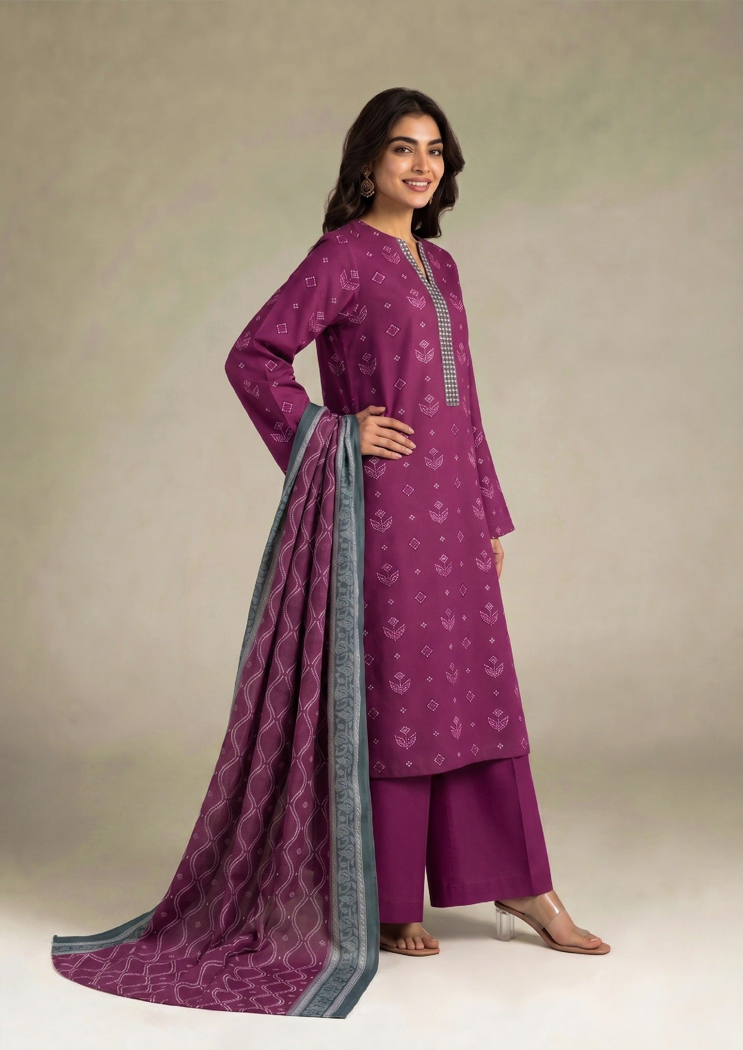 Royal Orchid 3 Piece Stitched Lawn Suit by Mirasl from the fasl-e-rang collection featuring an orchid purple printed shirt, straight trousers and printed dupatta.
