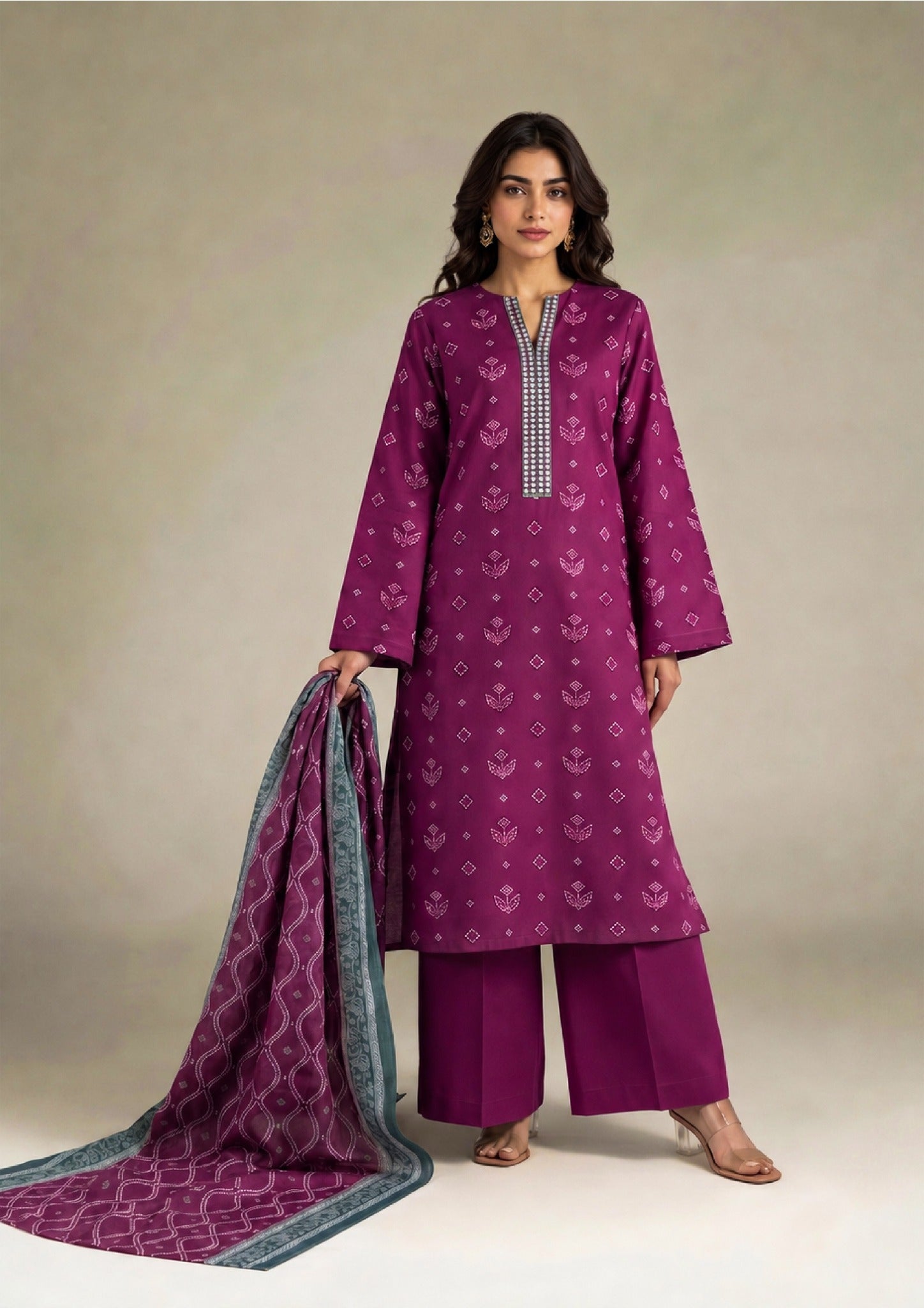 Side view of Royal Orchid stitched printed lawn suit with premium Cambric Lawn fabric, coordinated dupatta and relaxed straight fit by Mirasl.