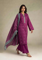 Close front view of Royal Orchid Pakistani lawn dress with printed Cambric Lawn fabric, neckline detailing and matching dupatta.