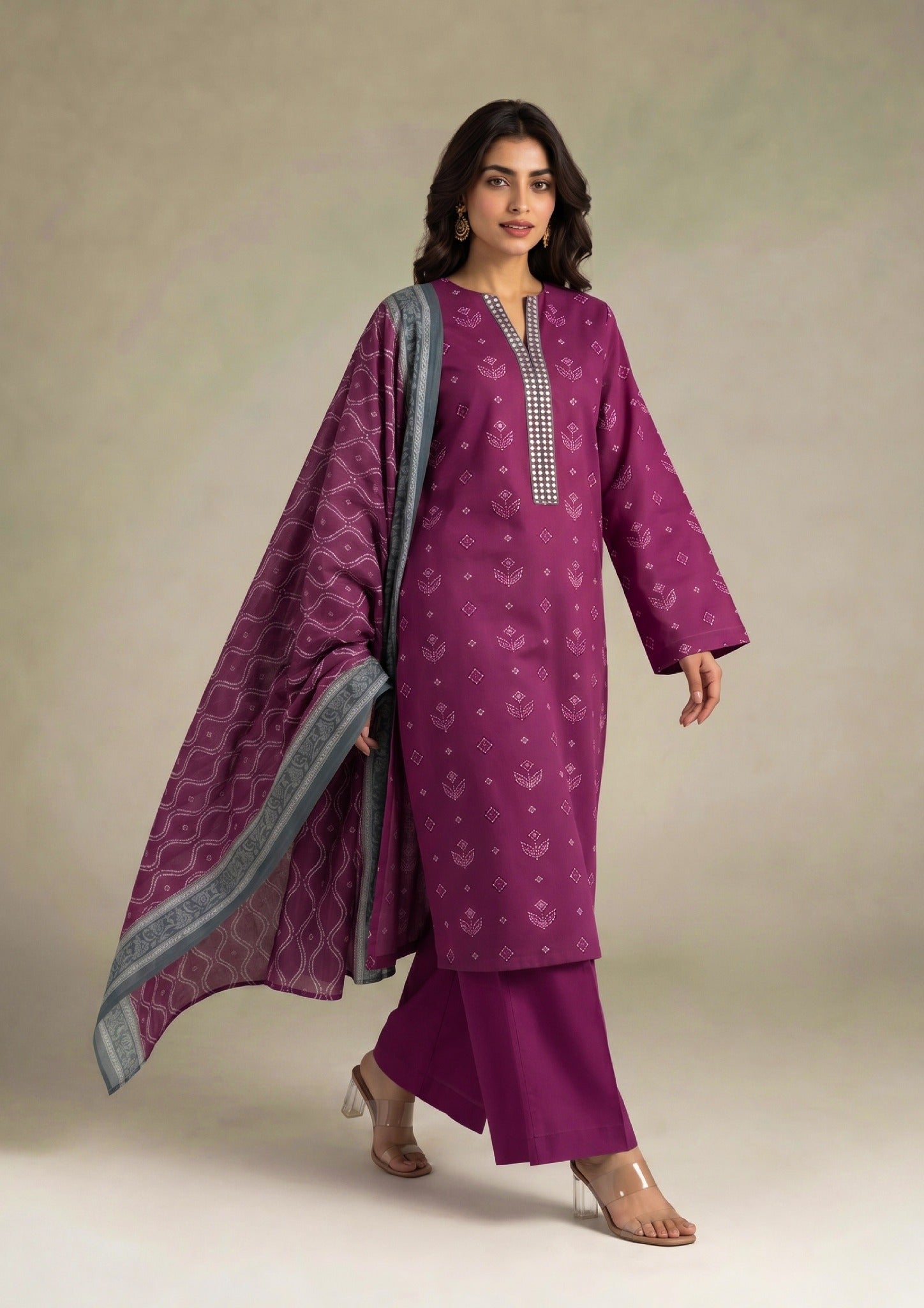 Close front view of Royal Orchid Pakistani lawn dress with printed Cambric Lawn fabric, neckline detailing and matching dupatta.