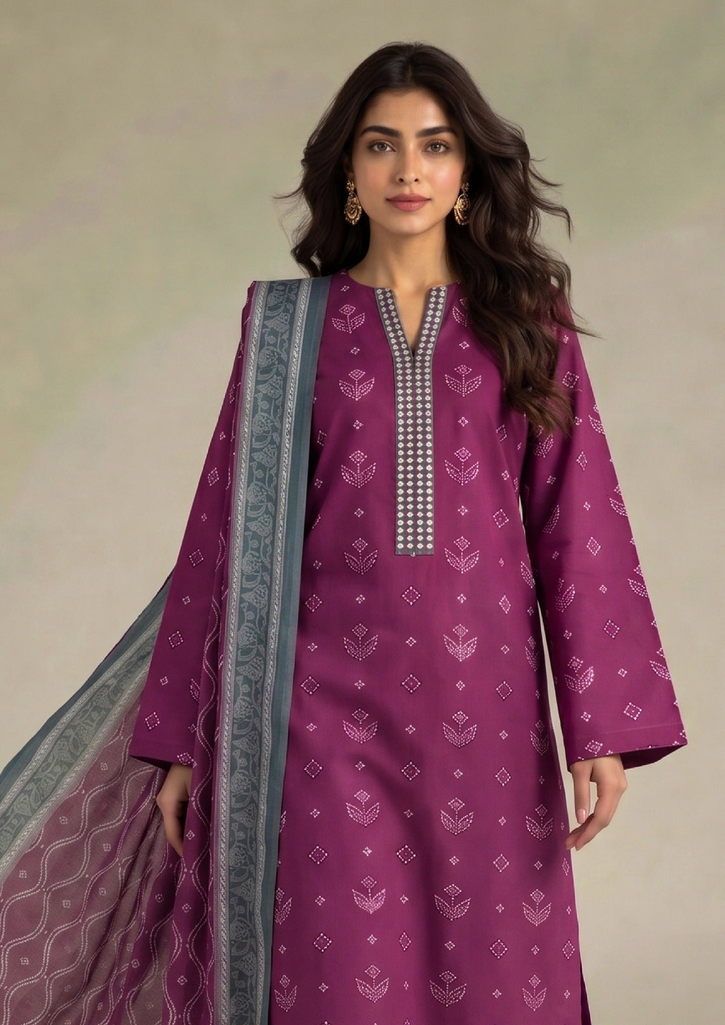 Full front view of Royal Orchid women's lawn suit featuring lightweight summer styling, straight trousers and printed dupatta.