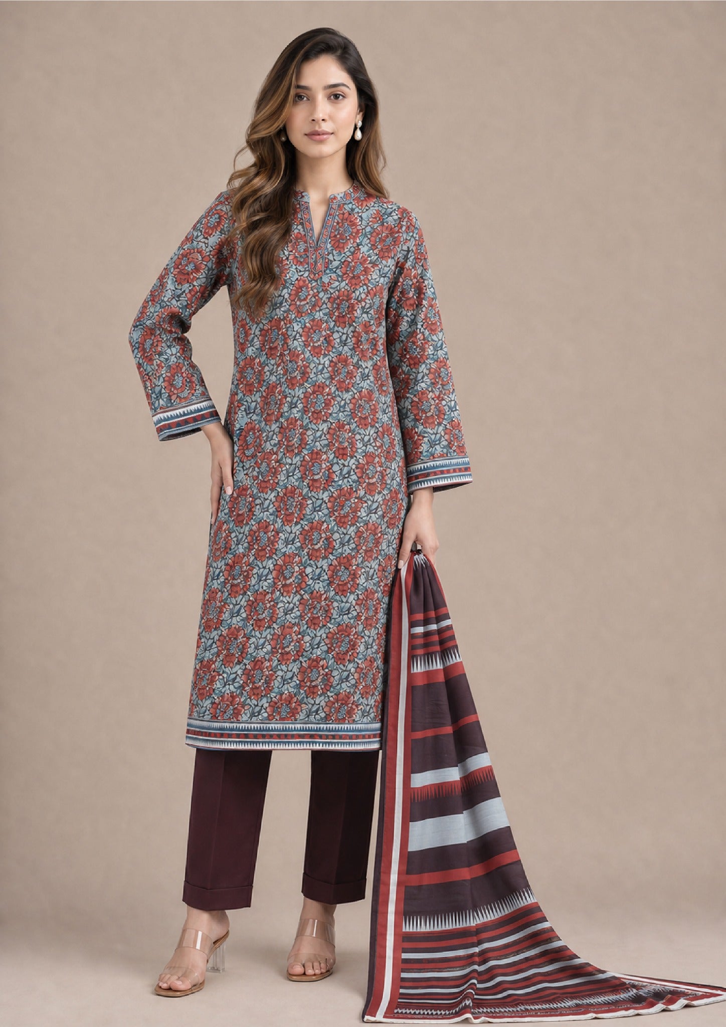 Front view of Rustic Garden Pakistani Printed Cambric Lawn Suit with printed dupatta.