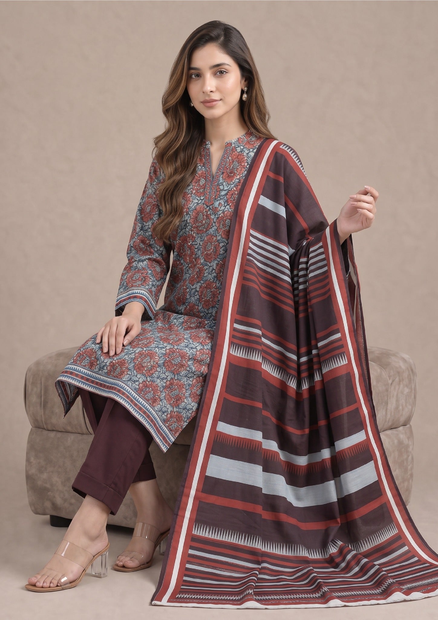 Seated view of Rustic Garden Ready to Wear Women's Lawn Suit.