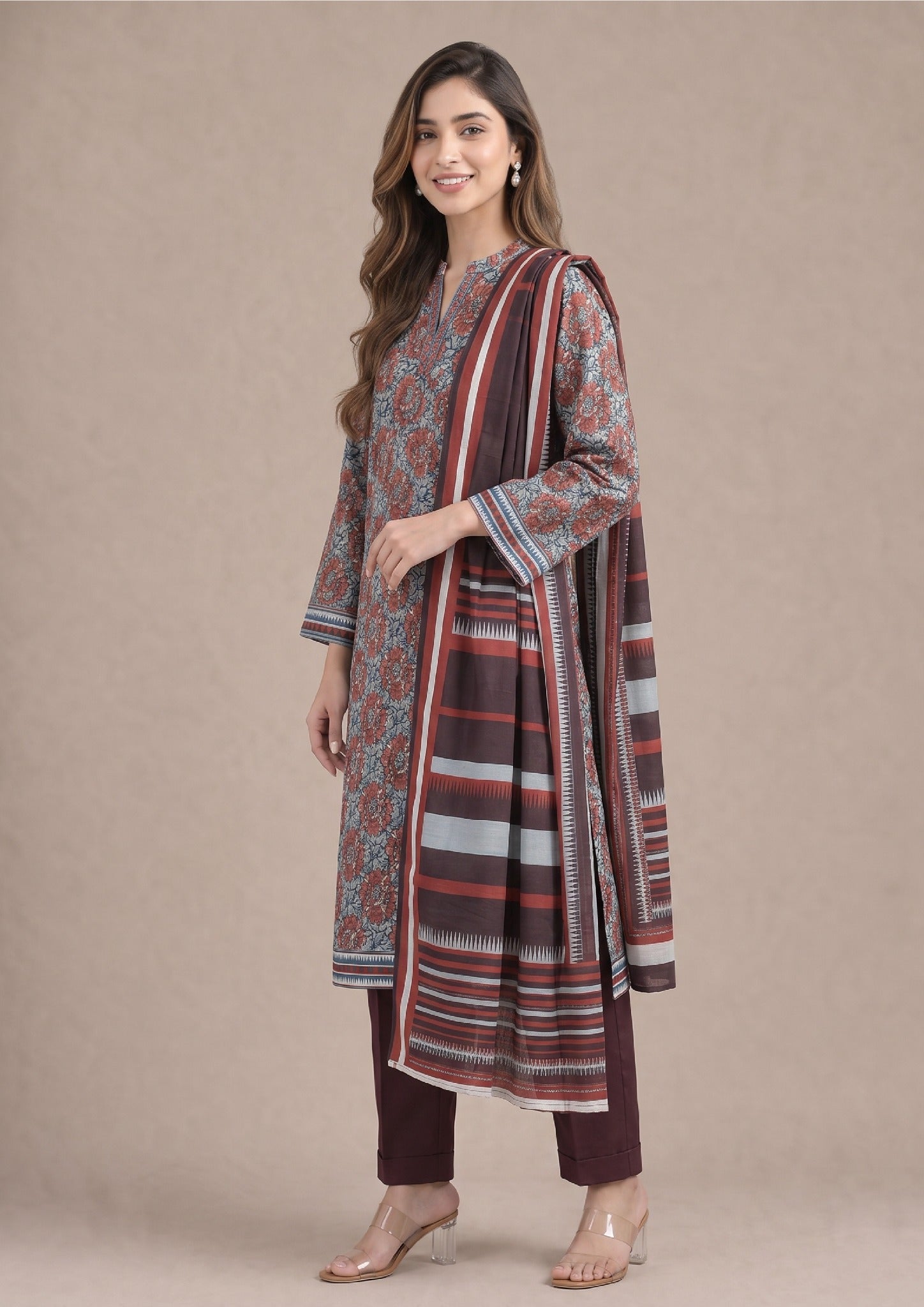 Side profile of Rustic Garden floral Printed Cambric Lawn Suit.