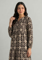 Sable Symphony printed lawn outfit rear view with beige and black geometric print